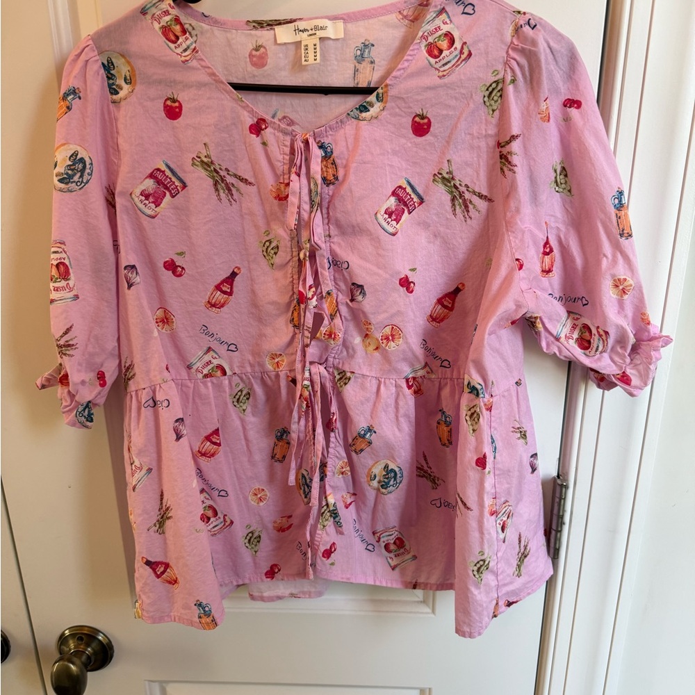 Hannah & Claire Lavender Fruit & Pantry Print Tie-Front Blouse
